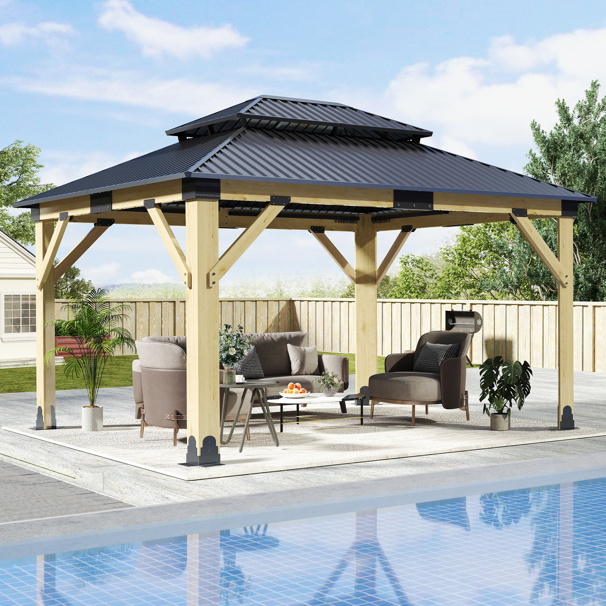 COVERONICS Patio Cedar Wooden Gazebo with Galvanized Steel Hardtop ...