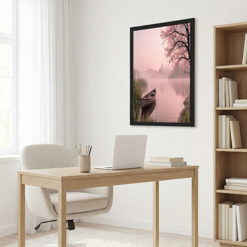 Toile en bois en bois par Pink Cherry Blossom Tree on Misty Lake, impression sur toile, 20"H x 30"W