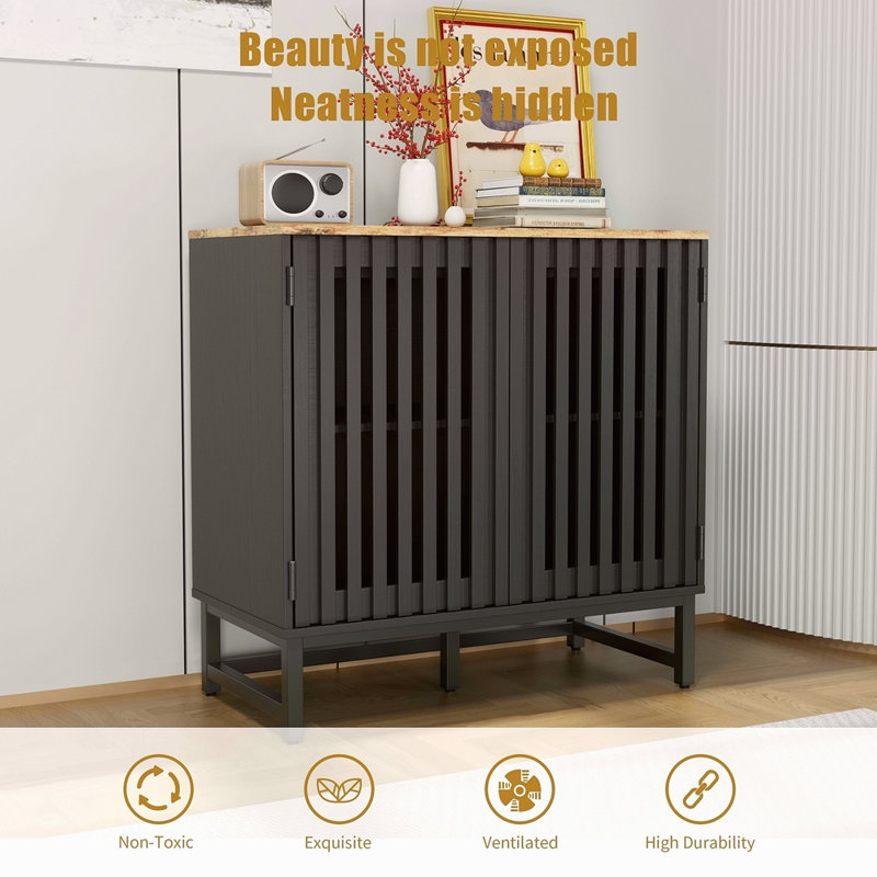 Armoire avec porte grillagée à lattes rayées, armoire de style moderne, panneau de fibres à densité moyenne de haute qualité et pieds en métal