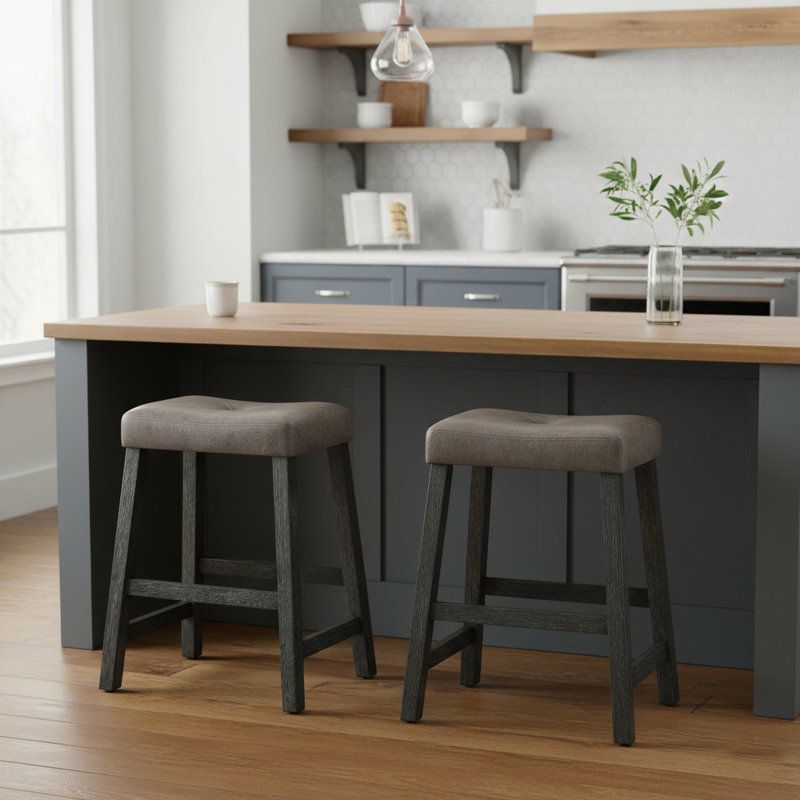 Set of 2 Traditional Bar Stools with Wood Legs for Kitchen, Home Bar, Gray, Gray