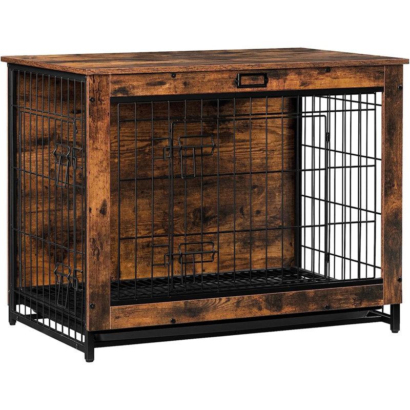 Medium Brown Wooden Dog Crate Table with Metal Bars