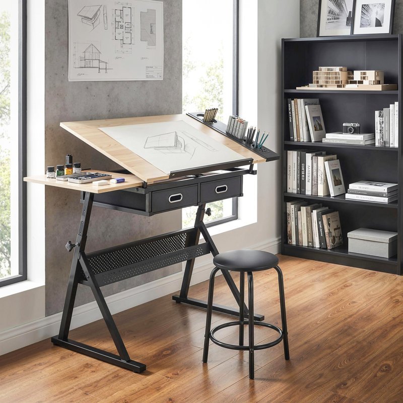 Table à dessin réglable, table à dessin avec tabouret, chêne