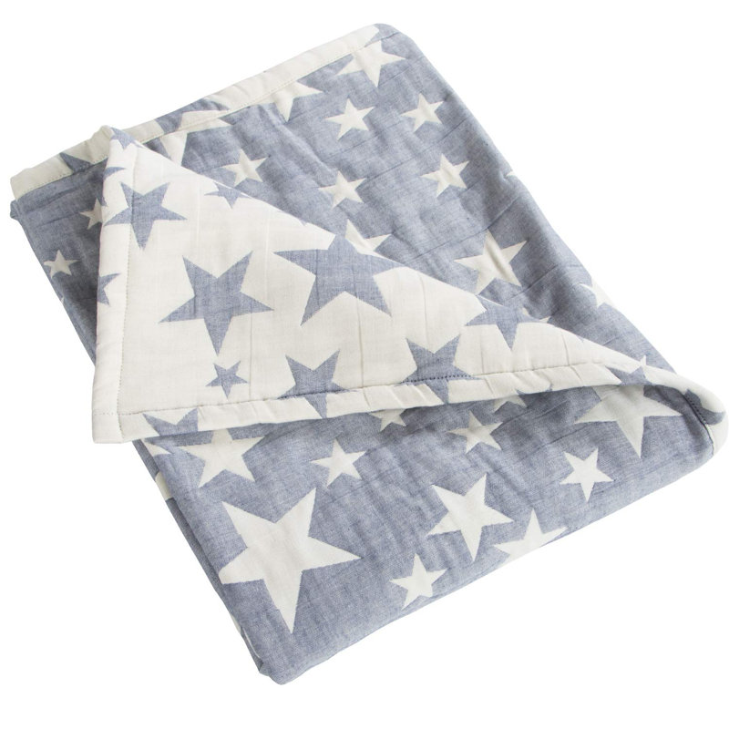 3 Layer Toddler Blanket, Muslin Cotton Jacquard Bed Blankets, 30"x40", Blue Star
