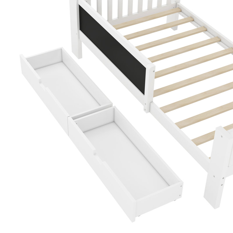 Lit plateforme simple avec tableau noir, lit plateforme en bois massif avec tiroirs et tablettes de rangement, design amusant et peu encombrant, blanc