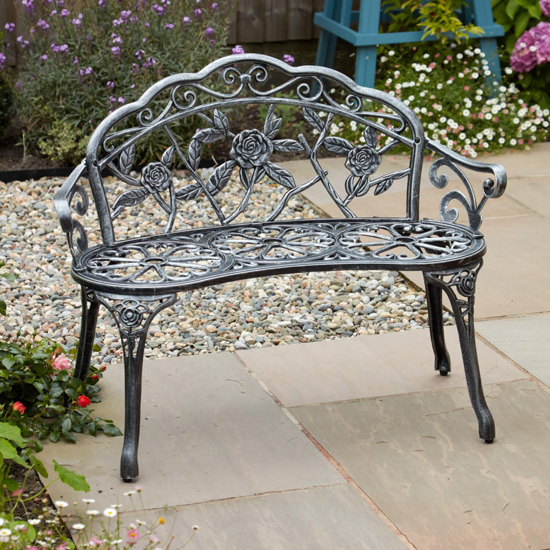 Rose Ornate Detail Metal Outdoor Garden Bench, Grey