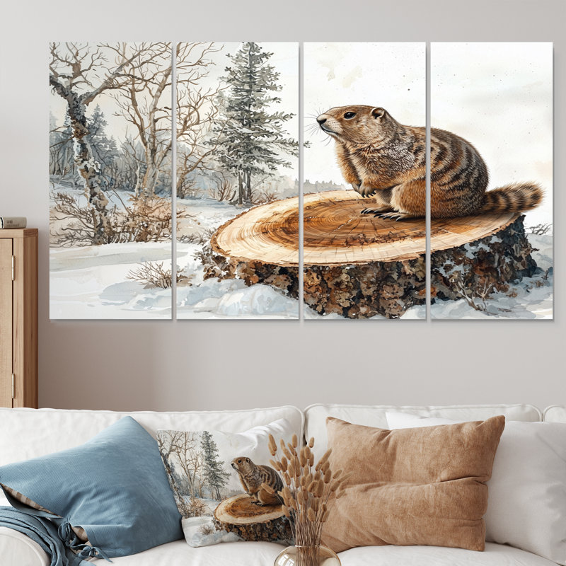 Forêt de marmotte, paysage d'hiver I - art mural de marmotte - décoration murale moderne, H 32 po x l 64 po, 4
