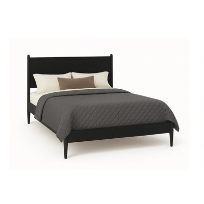Lit plateforme moderne en bois noir Mid-Century pleine grandeur, pieds ronds fuselés, structure, ensemble de lattes, fabrication sans sommier, nécessaire pour la circulation de l'air,