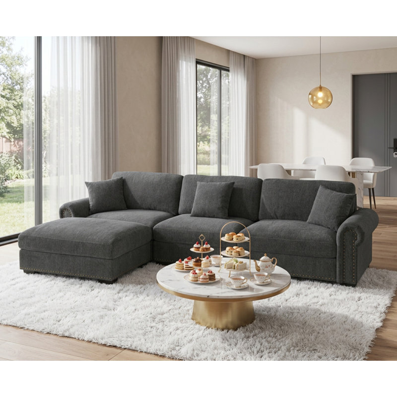 Oliver Modern Style Upholstered Large 3 Seats Seville Couch With Ottoman, Grey