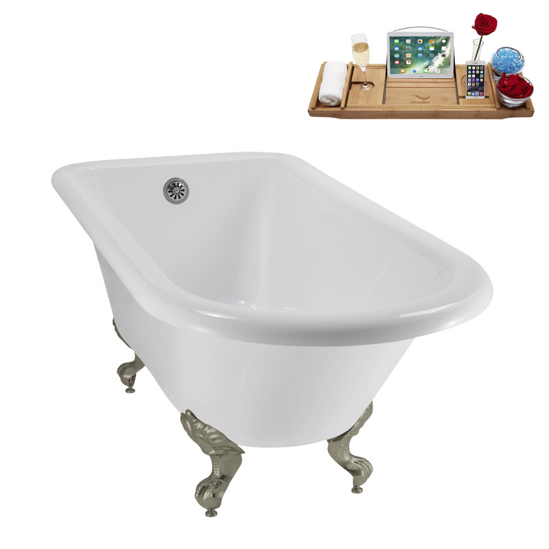 62" Streamline Clawfoot Tub,Tray,Drain, Clawfeet, Brushed Nickel, Polished Chrome