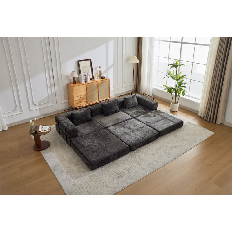 Canapé à compression, canapé-lit convertible au sol avec structure de forme fixe, canapé modulaire désossé modulaire, sans assemblage requis, tissu chenille, pour la chambre du salon, noir