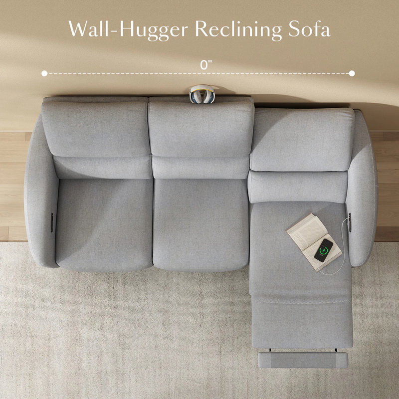 Pursifull Power Zero Wall Reclining Sofa with USB Ports, Light Gray Polyester, 2-Person Seating (No Console)