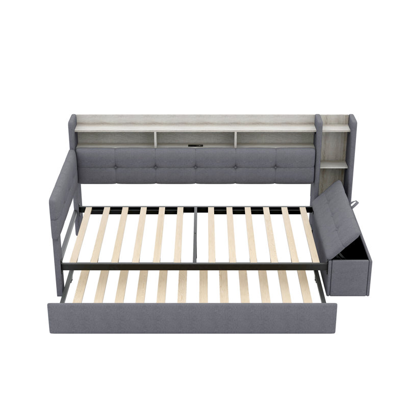 Twin Size Upholstered Daybed with Trundle, Storage Footstool, Shelves, USB Charging & LED Light, Grey, Gray, Twin