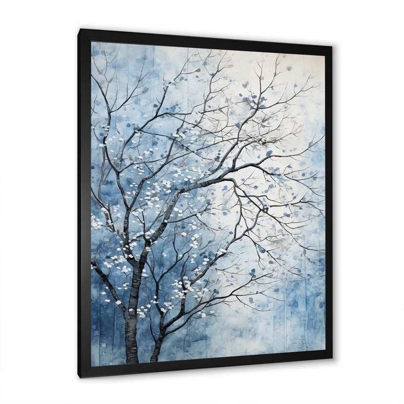 «Blue and White Tree Blooms In Winter I», art mural arbre, Cadre simple noir, H 32 po x l 24 po x P 1 po