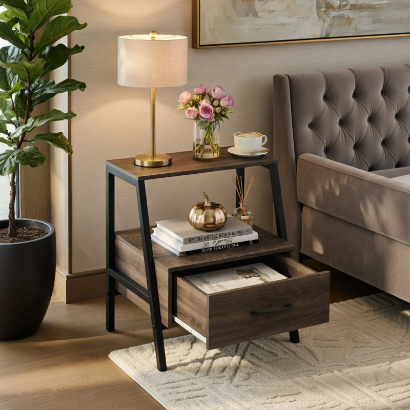 Table de chevet à 3 niveaux avec tablette ouverte et tiroir, table de chevet en bois d'ingénierie et en métal pour chambre à coucher, salon ou bureau, gris
