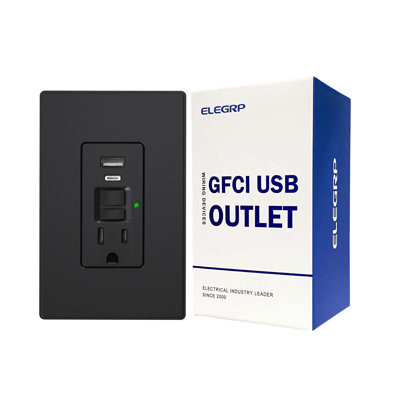 Prises de courant de 15 ampères résistantes à l'auto-test avec disjoncteur de fuite à la terre et prise combinée avec chargeur USB de 24 W, type A et type C, puissance de charge de 4,8 A, certification UL et CUL, plaque murale de taille moyenne inclu