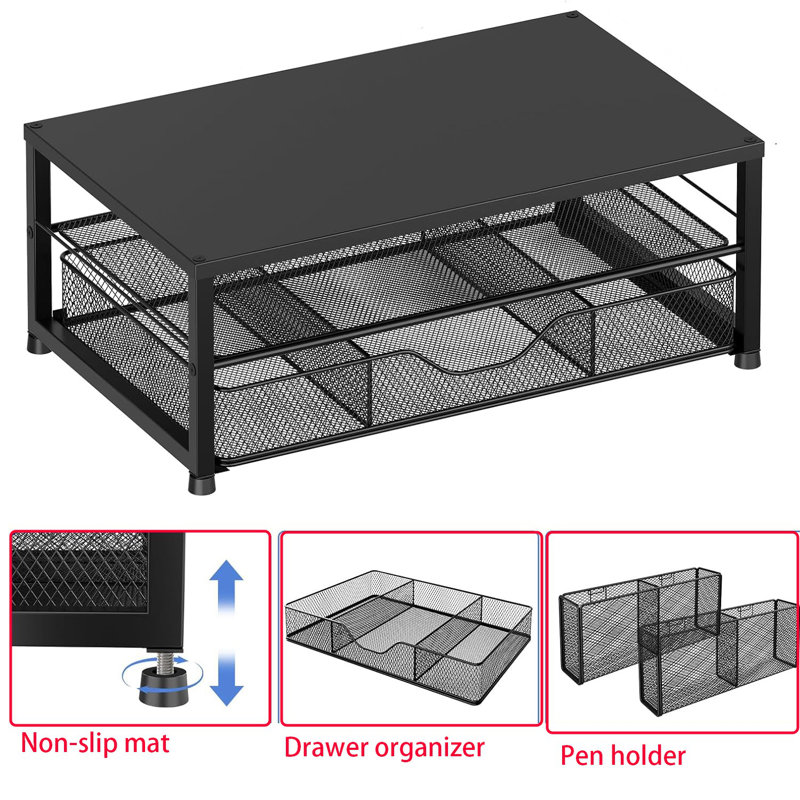 2-Tier Computer Monitor Stand with Drawer and 2 Pen Holders, Black