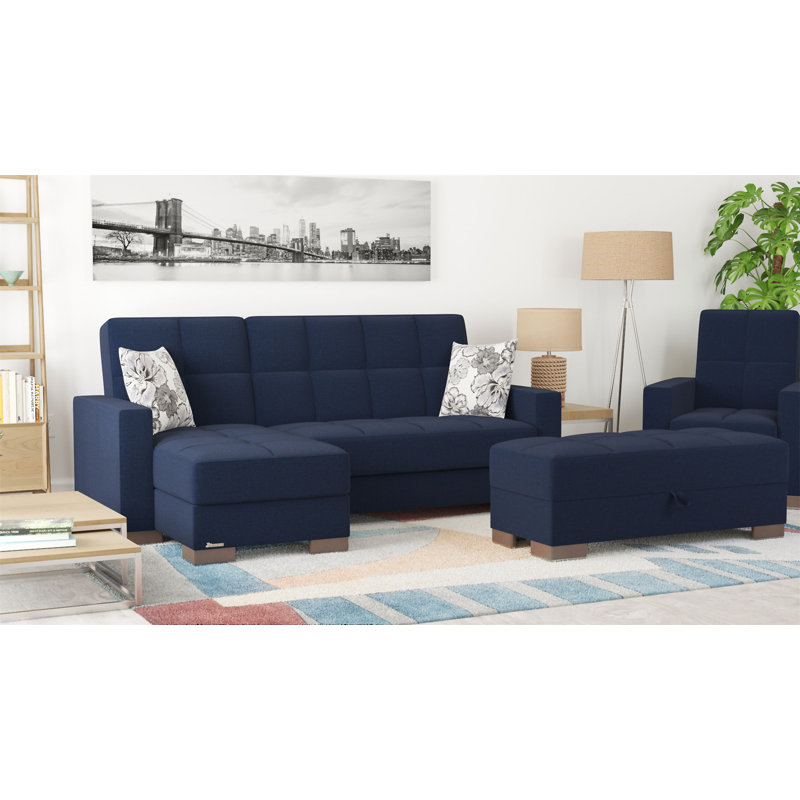 Repose-pieds rembourré avec rangement Primenest, Chenille bleu foncé