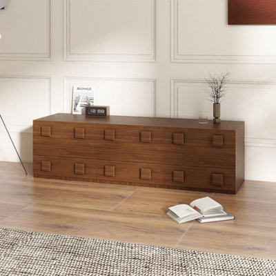 Meuble télé Mid-Century de 68,49 pi Wiley, armoires en bois massif brun pour le salon, 3 pièces