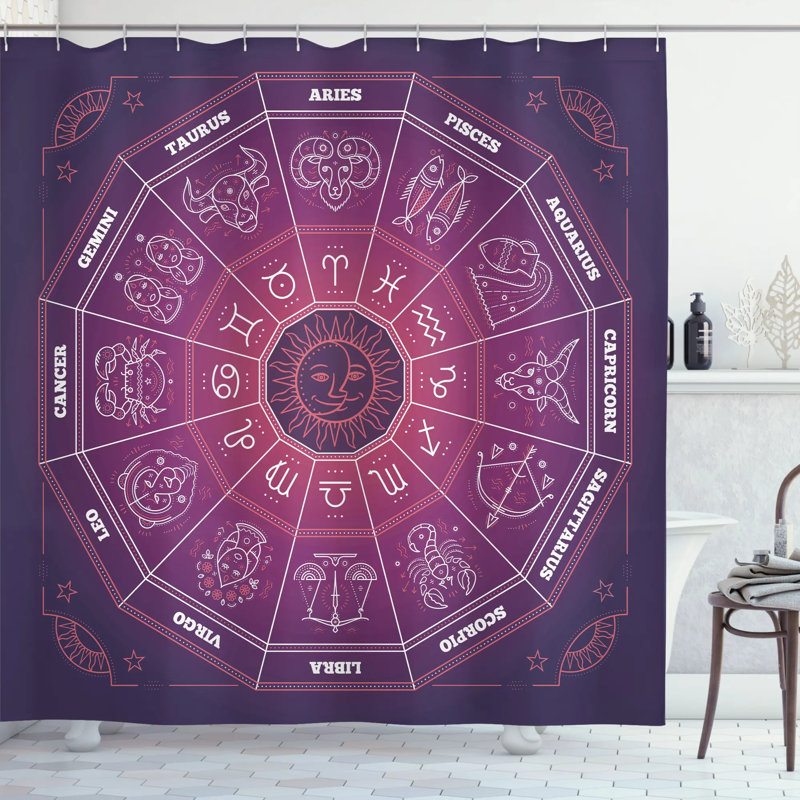 Rideau de douche mauve à signes astrological et crochets, l 69 po x L 75 po