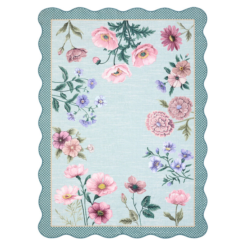 Farmhouse Floral Machine Washable Rug with Non Slip TPR Backing, Soft Non Shedding Scalloped Carpet, Low Pile Thin Floor Mats