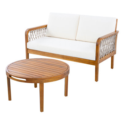 Ensemble de causeuse et table basse d'extérieur en bois d'acacia avec corde tissée à la main, finition teck