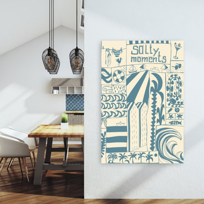 «Salty Beach Moments», impression abstraite sur un palmier, un poisson et un bord de mer
