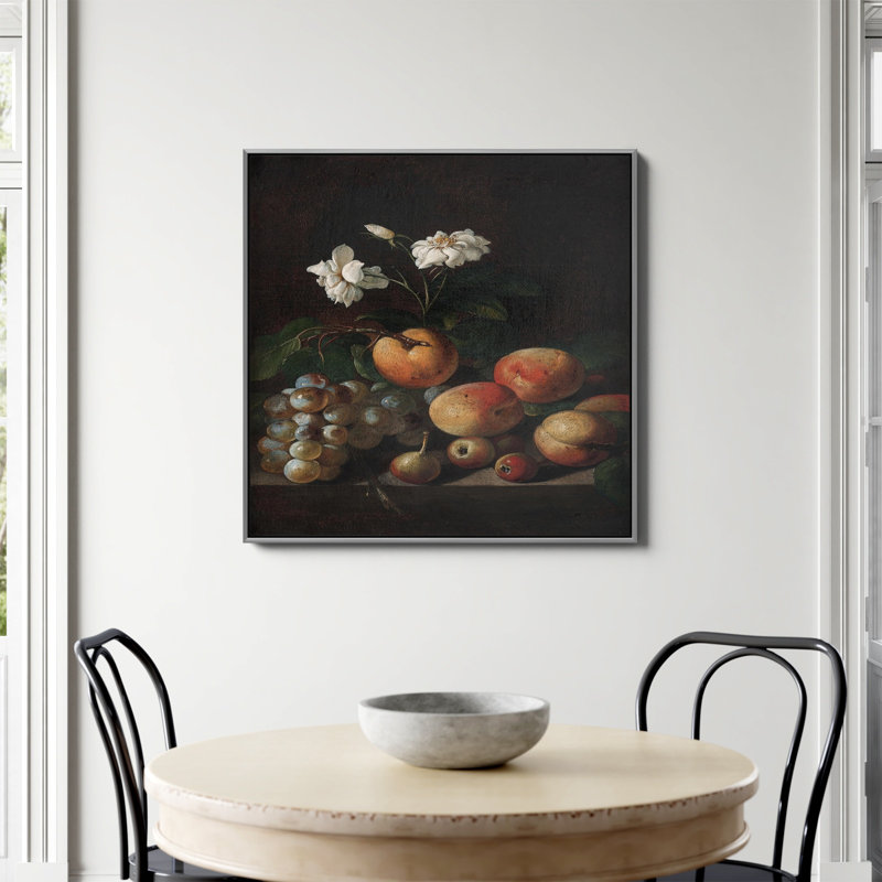 «Still Life Fruit White Roses» par Fine Art, Toile argentée avec cadre flottant, Non, H 36 po x l 36 po