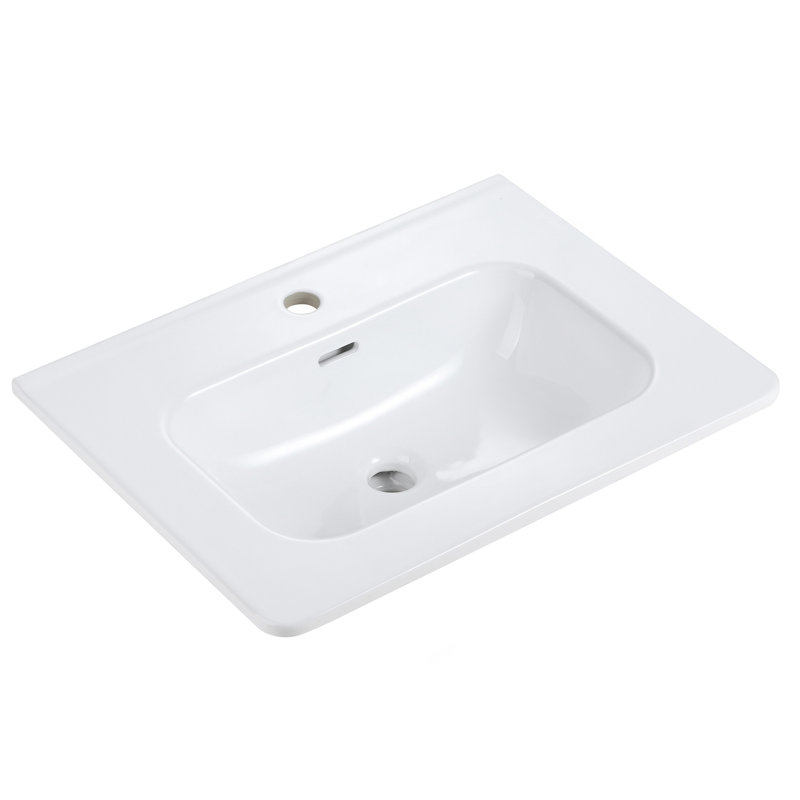 Lavabo intégré en céramique blanche brillante, bonde et robinet non inclus