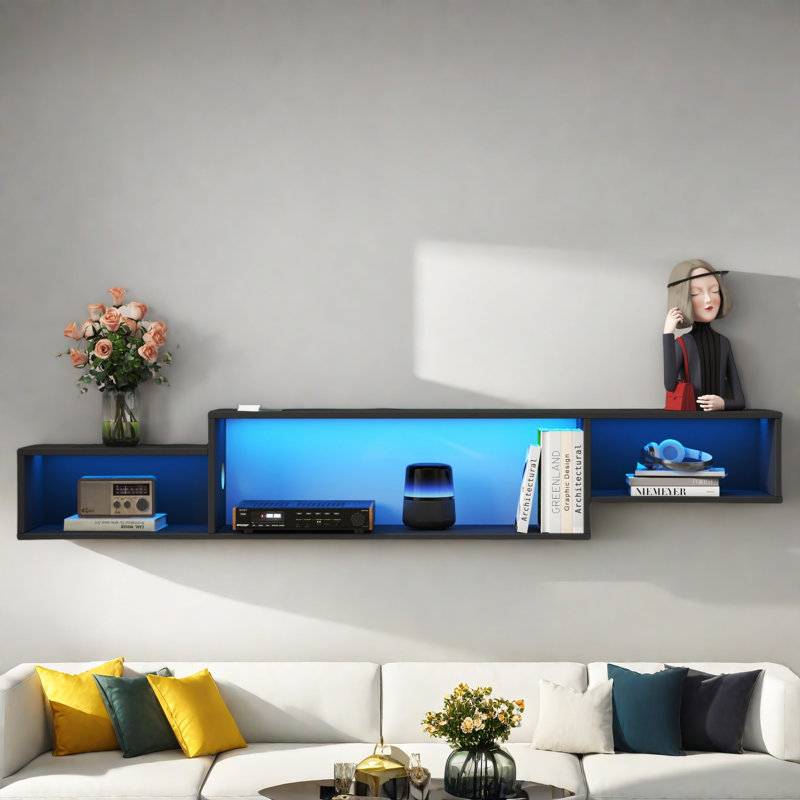 Meuble télé flottant mural 65,35 po avec 20 DEL de couleur et station de charge, Noir