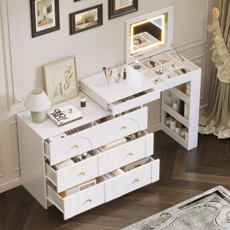 Bureau de coiffeuse avec miroir et lumières, Blanc