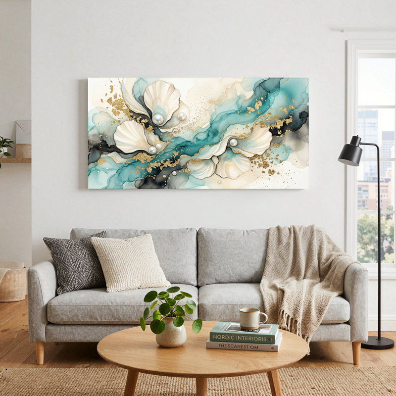 Ensemble de 1 tableau sur toile en forme de coquillage et de perle, 32“W x 16”H, Wrapped Canvas