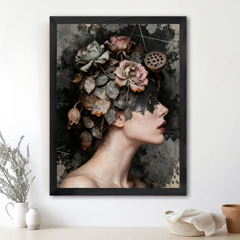 Art mural noir rétro avec femme et nature, impression de style surréel foncé, H 11 po x l 9 po