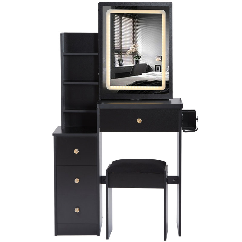 29.2" Small Size Left Bedside Cabinet Vanity Table + Cushioned Stool, 2 AC+2 USB Power Station, Hair Dryer Bracket, Extra Large Touch Control Sliding LED Mirror, Tri-Color Switching, Brightness Adjust