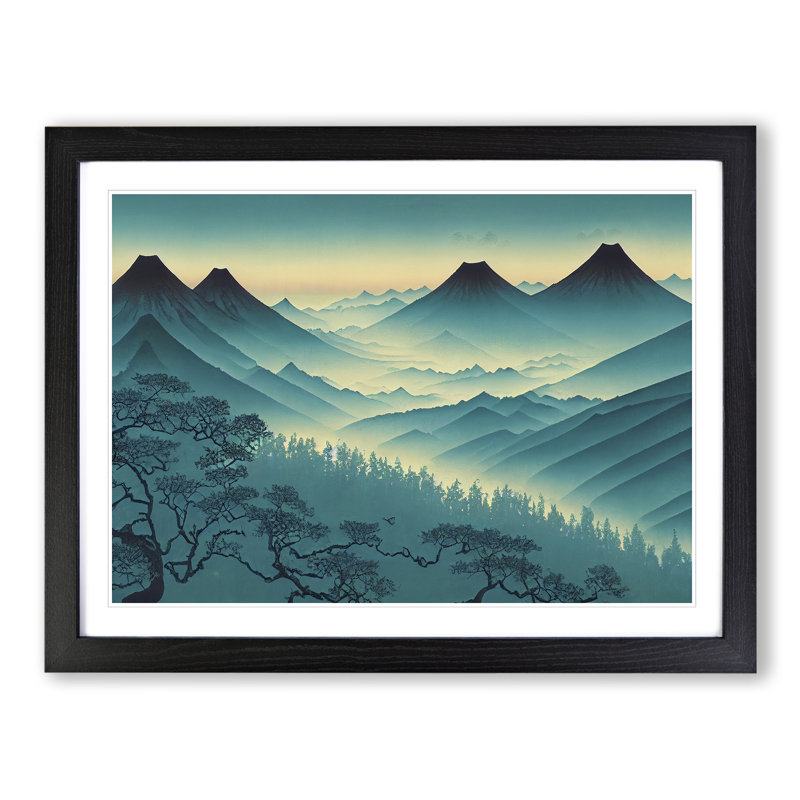 Japanese Forest Mountains - Single Picture Frame Print, Black, 46cm H x 64cm W x 2cm D