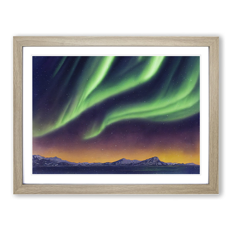 XH1022-6432X Northern Lights Watercolour Vol.4 - Single Picture Frame Print, 25cm H x 34cm W, Oak