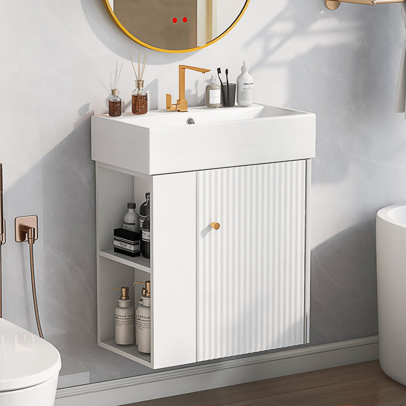 Meuble-lavabo flottant moderne avec lavabo en céramique, rangement à gauche