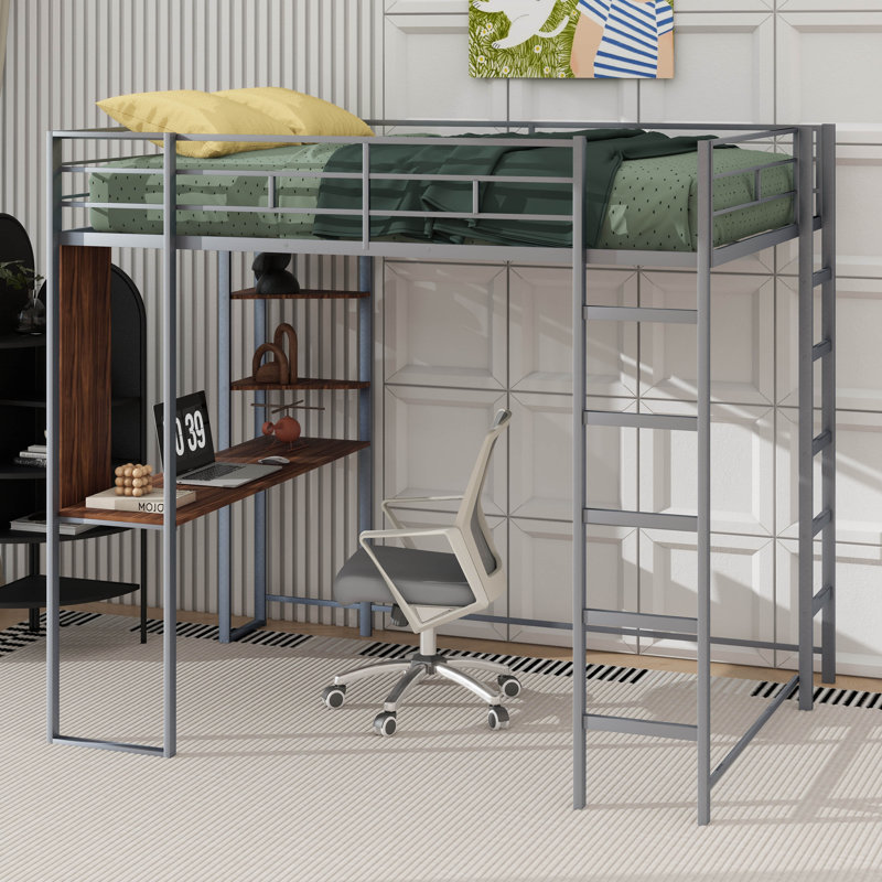 Lit mezzanine pour enfants avec 2 tablettes et 1 bureau Gatland, Double, Argenté / Brun
