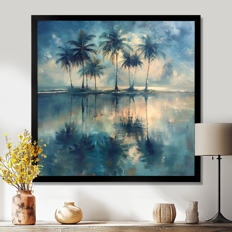 «Blue Palm Trees Reflections I - Palmiers et palmiers», impression d'art mural, Cadre simple noir, H 16 po x l 16 po