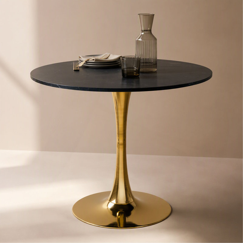 Table tulipe de style milieu du siècle avec plateau rond en MDF de 80 cm (31,5 po) et pieds en marbre, idéale pour 2 à 4 personnes. Elle peut aussi servir de table d'appoint ou de table basse.
