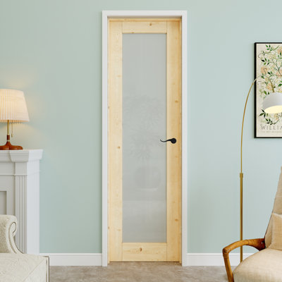 Porte intérieure pré-suspendue en bois de pin et verre givré 24 po x 80 po à 1 verre avec levier incurvé et charnières noires