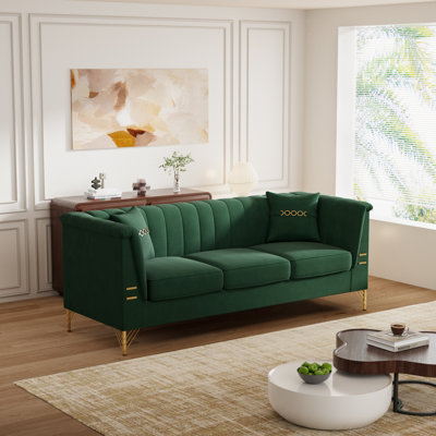 FX-P82-GR3 (WITH 2 PILLOWS)-82.67" Modern Velvet 3-Seater Chesterfield Style Green Couch for Living Room with 2 Pillows(W576S00213/FX-P82-GR2)