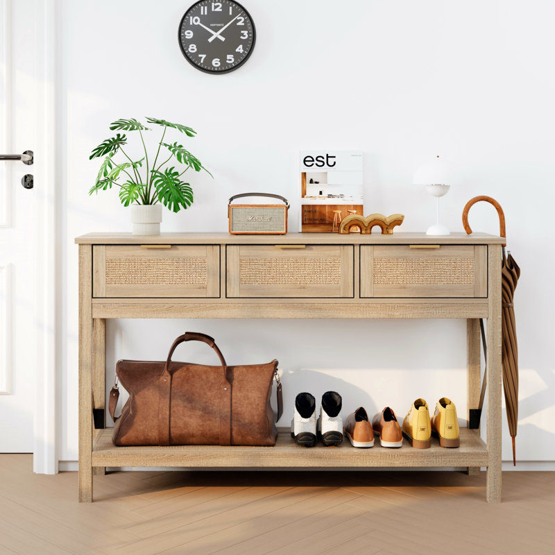 Natural Wood Console Table with Sisal Drawers and Open Shelf