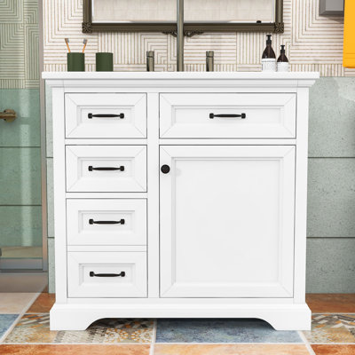 Meuble-lavabo autoportant avec lavabo en céramique, 4 tiroirs et tablette réglable