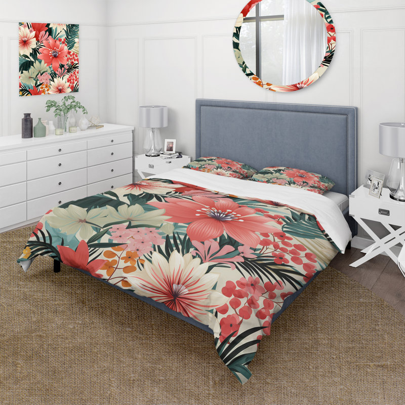 Ensemble de housse de couette rose à motif floral tropical et jungle I, Housse de couette pour très grand lit