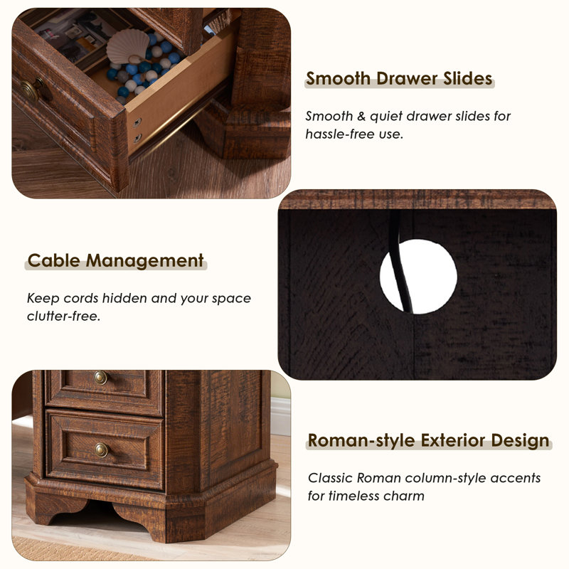 2 - Drawers Modern Wood Nightstand With Charging Station,Bed Side Table With Open Storage For Bedroom And Built-In Outlets