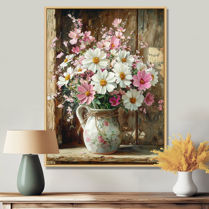 Bennett Farm Daisies Bouquet Into A Milk Vase II - Daisies, art encadré, H 40 po x l 30 po, Reproduction avec cadre flottant