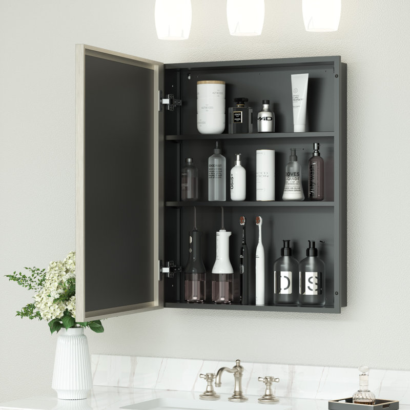 Pharmacie encastrée et à surface avec miroir et tablettes, Nickel brossé, H 30 po x l 24 po x P 5 po