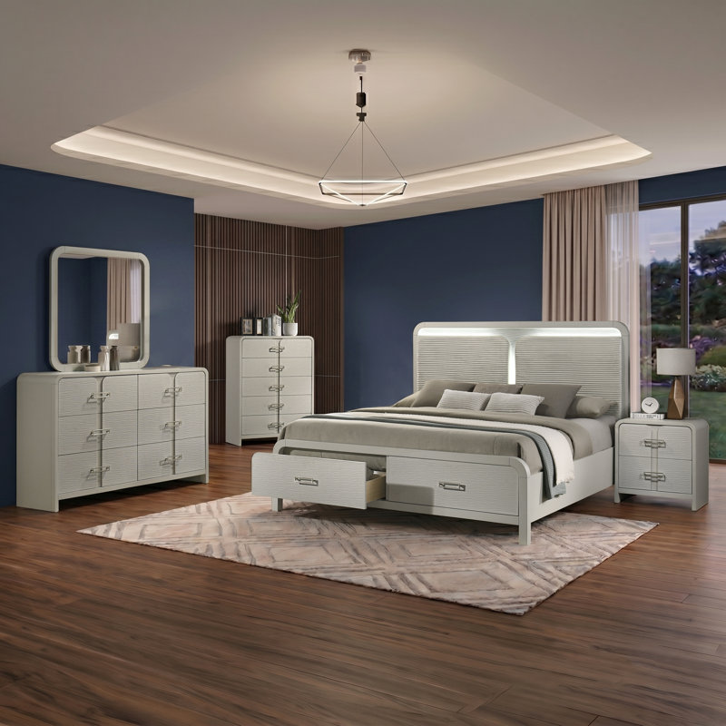 Ensemble de chambre à coucher 5 pièces Velora, Grand, 5 pièces: lit, table de chevet, commode, miroir, 