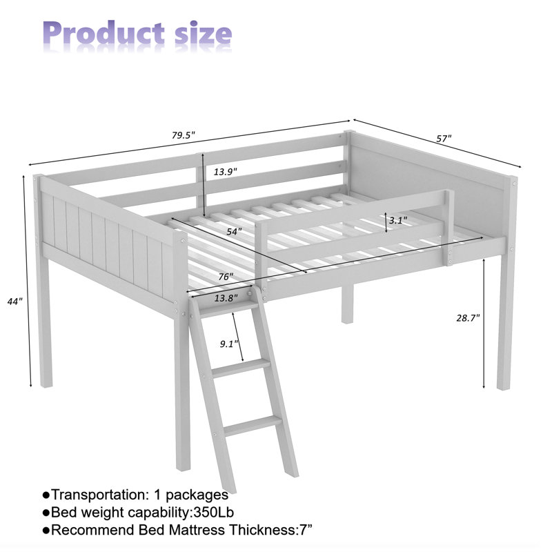 Lit mezzanine double en bois pleine grandeur avec échelle convertible (emplacement à gauche / droite) et garde-corps - Pin massif et panneau de fibres à densité moyenne