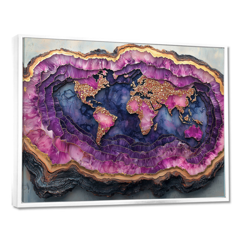 Crystals and Amethyst World Map Wood Slide II - carte du monde sur toile, art mural, H 12 po x l 20 po, Blanc